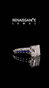 Silver Asscher Cut Diamond Cathedral Solitaire Ring with Round with Blue Sapphire side stone Pavé Band