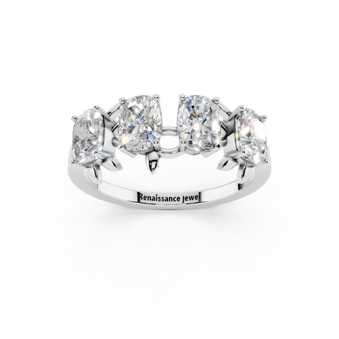 Silver Elongated Cushion Diamond 4-Stone Band with Nature-Inspired Prong Setting