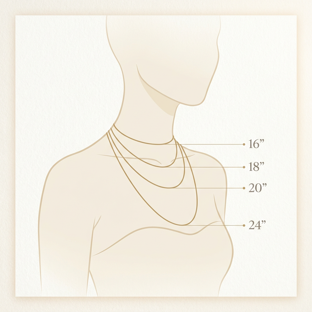 Chain length guide — 16, 18, 20 and 24 inch chains shown on a feminine silhouette